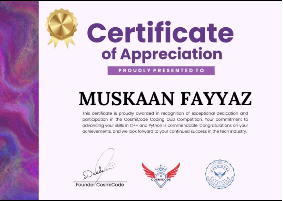 Cosmicode Coding Quiz Challenge (C++ & Python) certificate