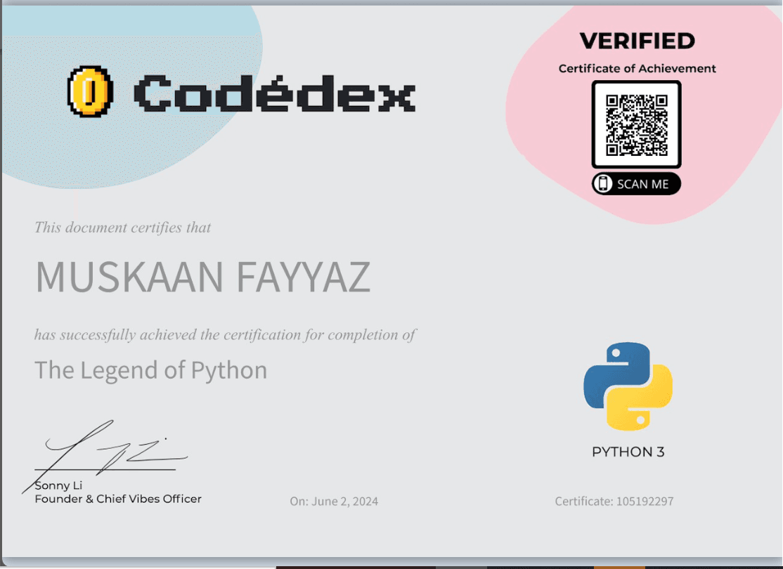 The Legend of Python certificate